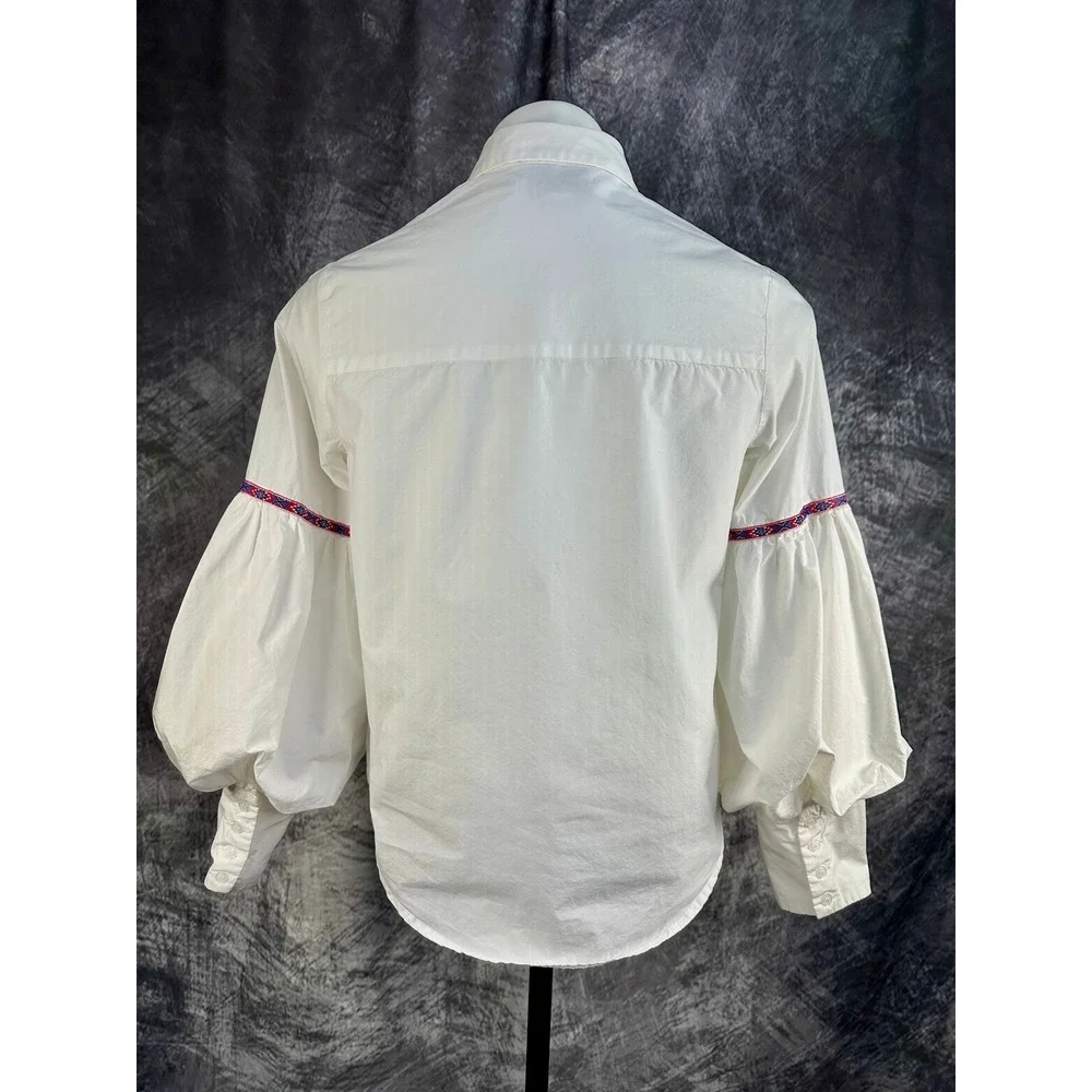The Shirt Rochelle Behrens Blouse Womens Small White Puff Sleeve Tuckernuck